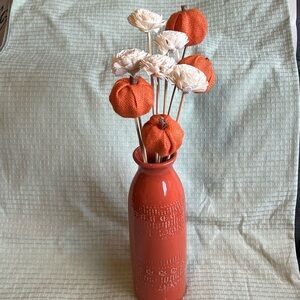 Textured orange vase with pumpkins and wood flowers halloween thanksgiving